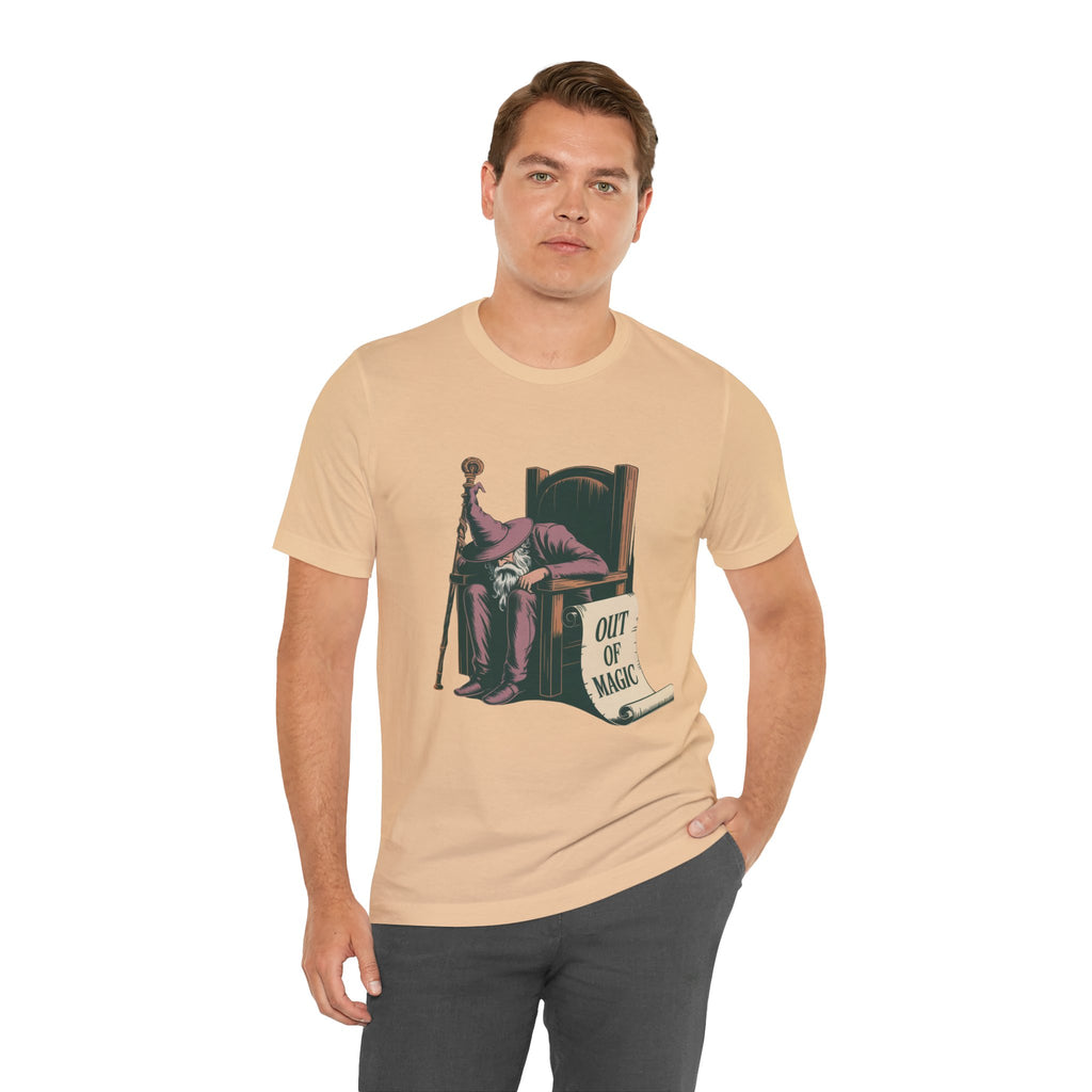 Out of Magic Wizard Tee — Vintage Woodcut Tired Wizard Shirt