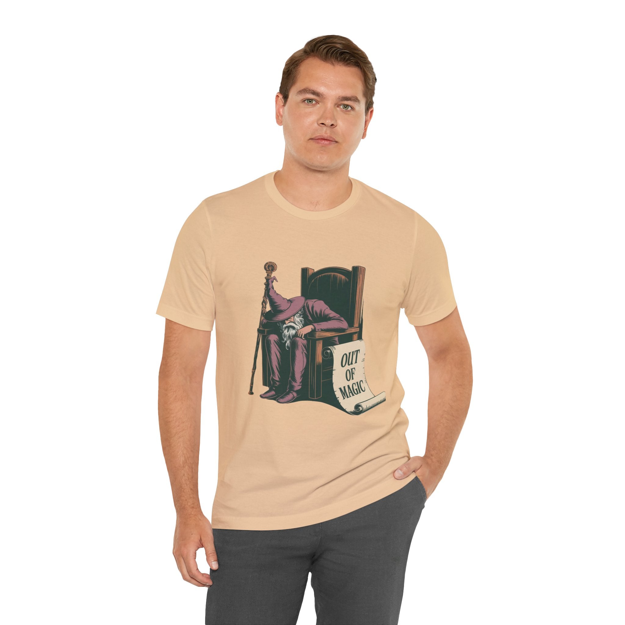 Out of Magic Wizard Tee — Vintage Woodcut Tired Wizard Shirt