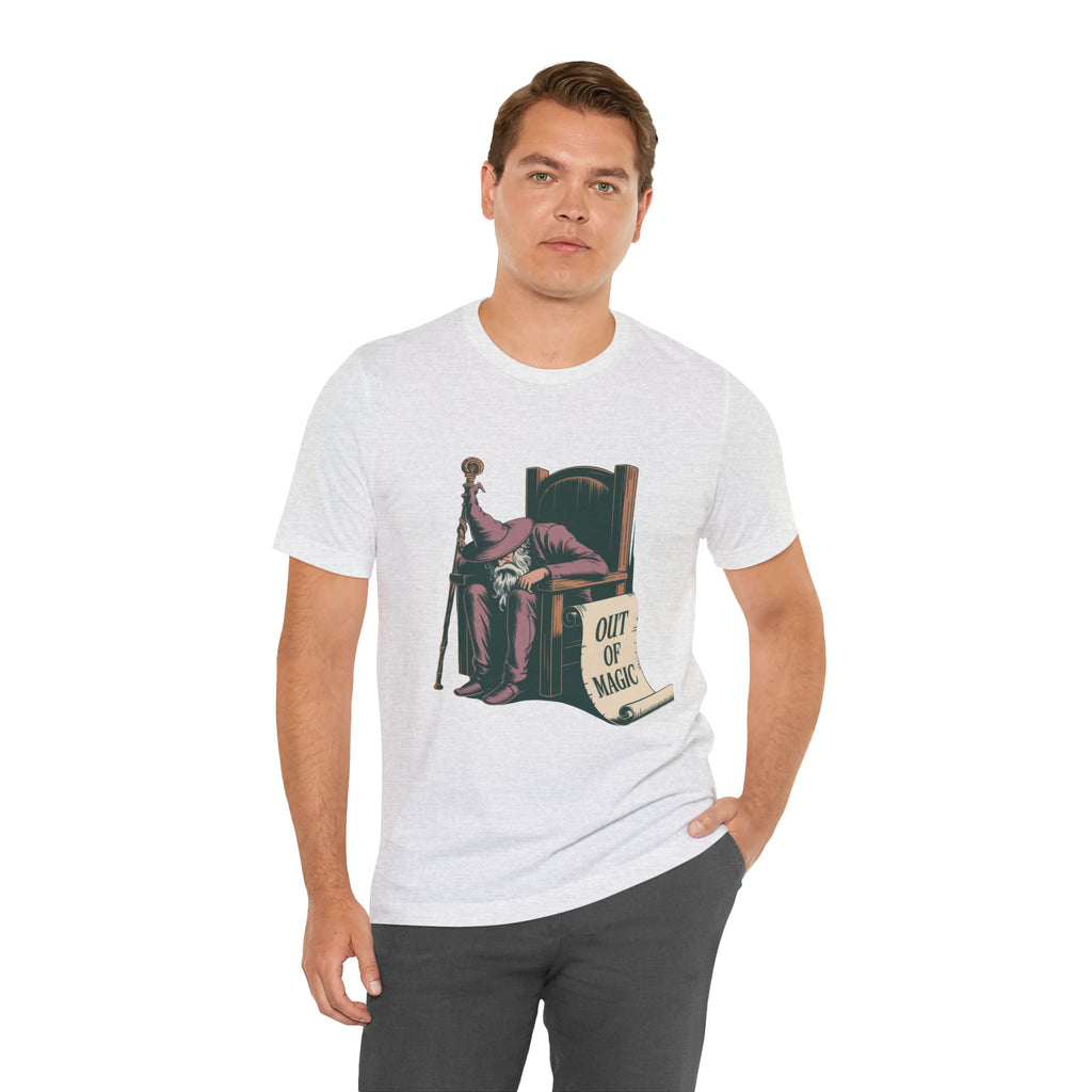 Out of Magic Wizard Tee — Vintage Woodcut Tired Wizard Shirt
