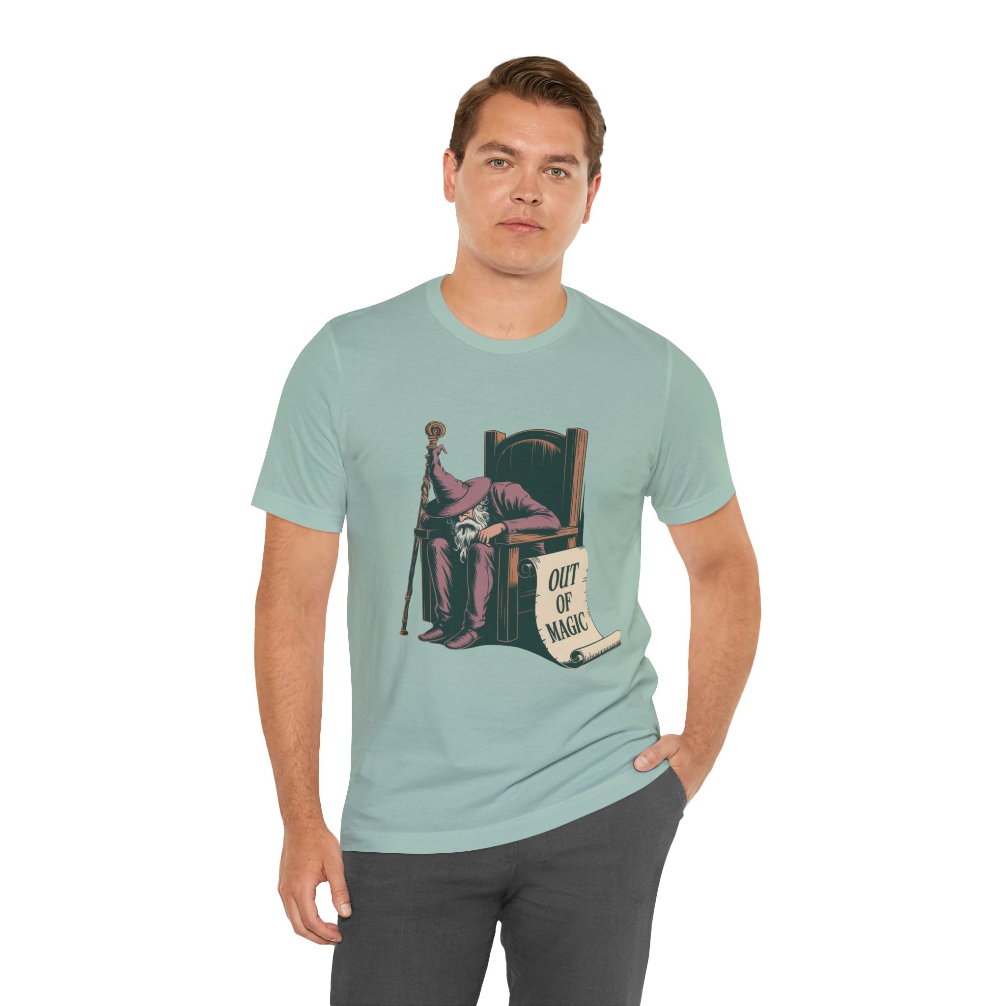 Out of Magic Wizard Tee — Vintage Woodcut Tired Wizard Shirt