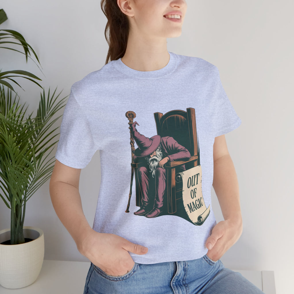 Out of Magic Wizard Tee — Vintage Woodcut Tired Wizard Shirt
