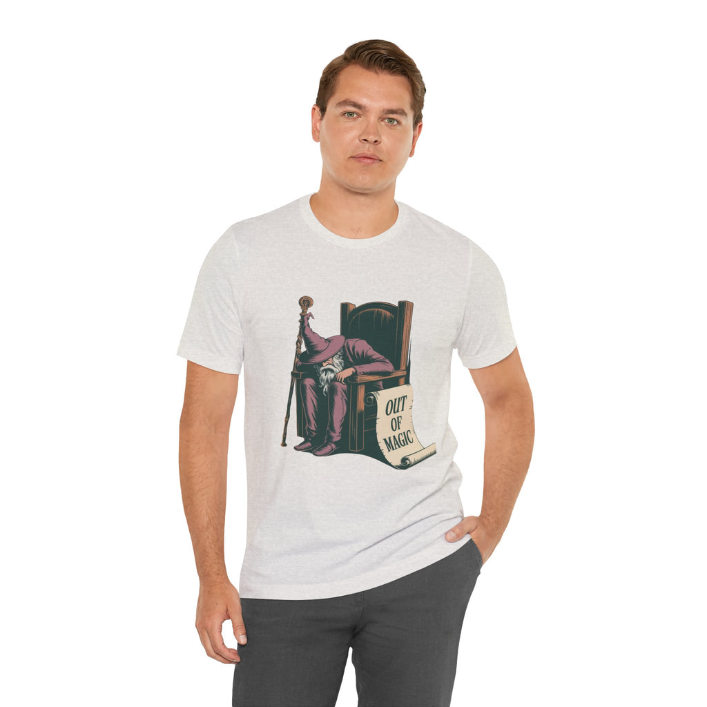 Out of Magic Wizard Tee — Vintage Woodcut Tired Wizard Shirt