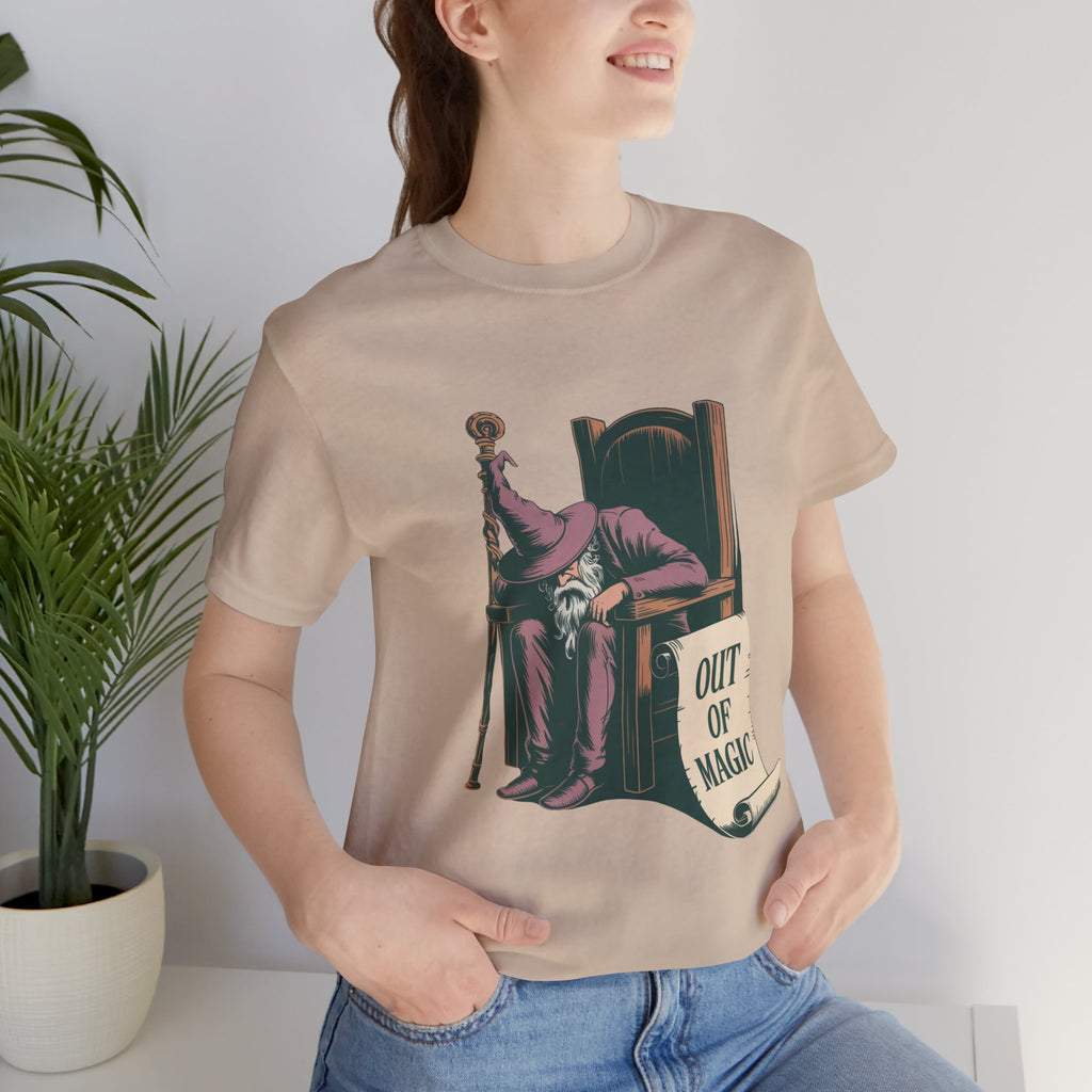 Out of Magic Wizard Tee — Vintage Woodcut Tired Wizard Shirt