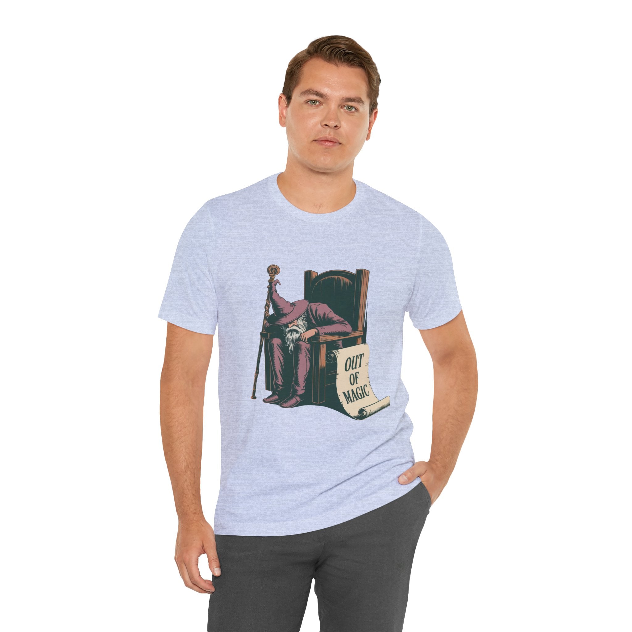 Out of Magic Wizard Tee — Vintage Woodcut Tired Wizard Shirt
