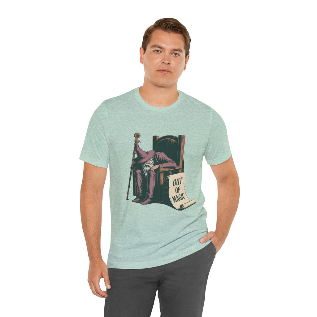 Out of Magic Wizard Tee — Vintage Woodcut Tired Wizard Shirt
