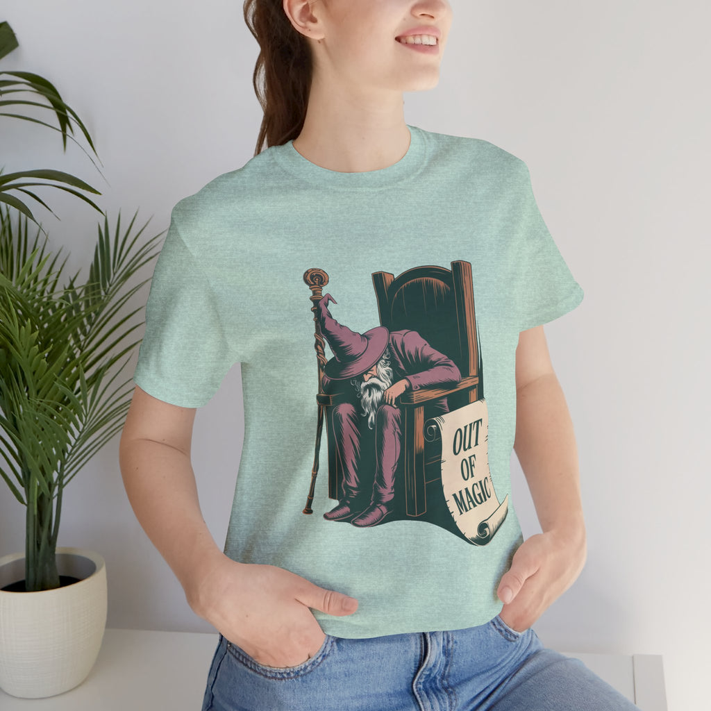 Out of Magic Wizard Tee — Vintage Woodcut Tired Wizard Shirt