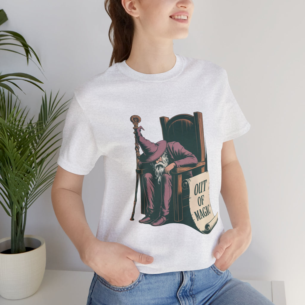 Out of Magic Wizard Tee — Vintage Woodcut Tired Wizard Shirt