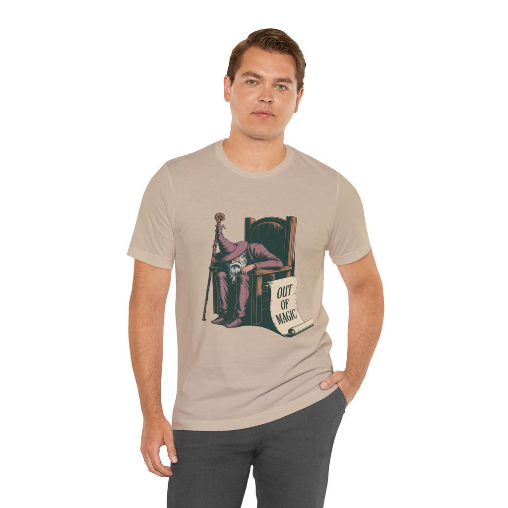 Out of Magic Wizard Tee — Vintage Woodcut Tired Wizard Shirt