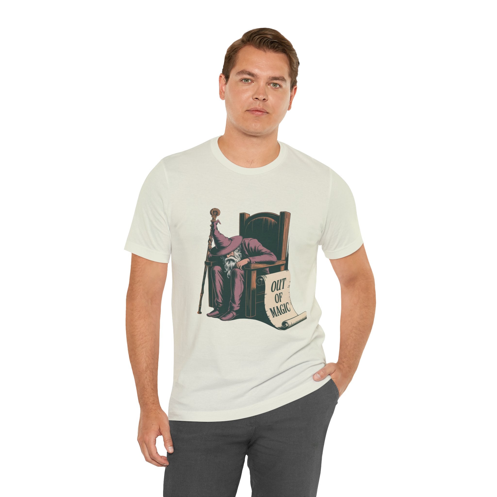 Out of Magic Wizard Tee — Vintage Woodcut Tired Wizard Shirt