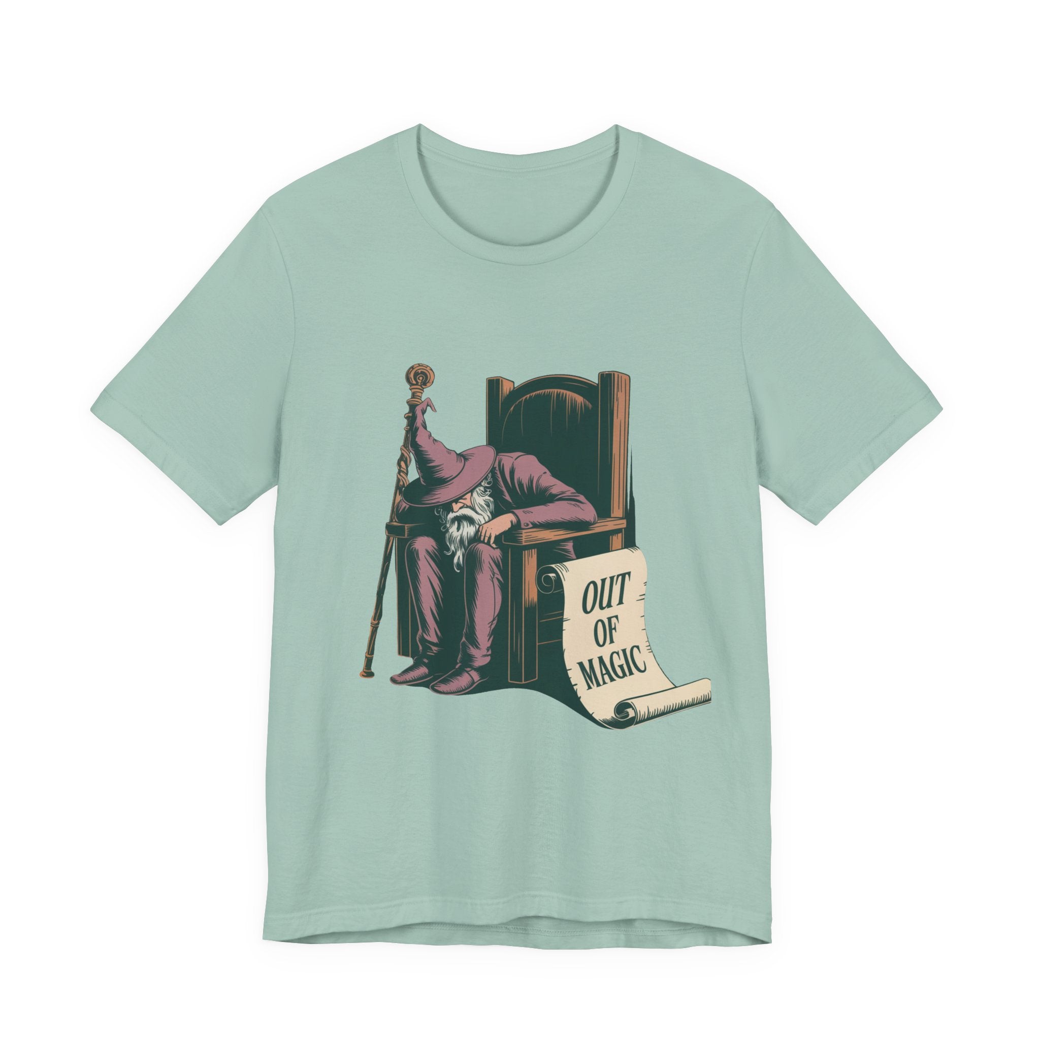 Out of Magic Wizard Tee — Vintage Woodcut Tired Wizard Shirt