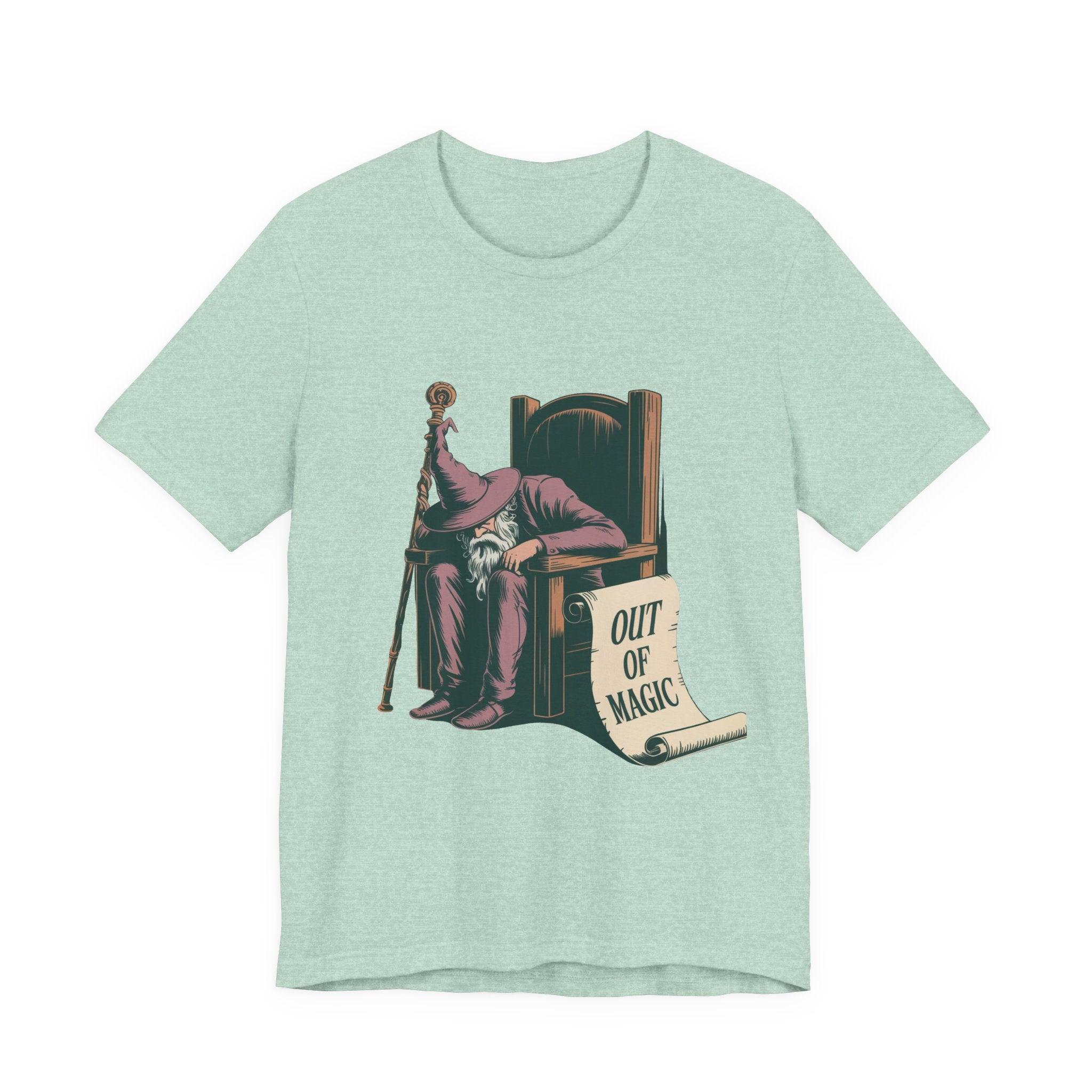 Out of Magic Wizard Tee — Vintage Woodcut Tired Wizard Shirt
