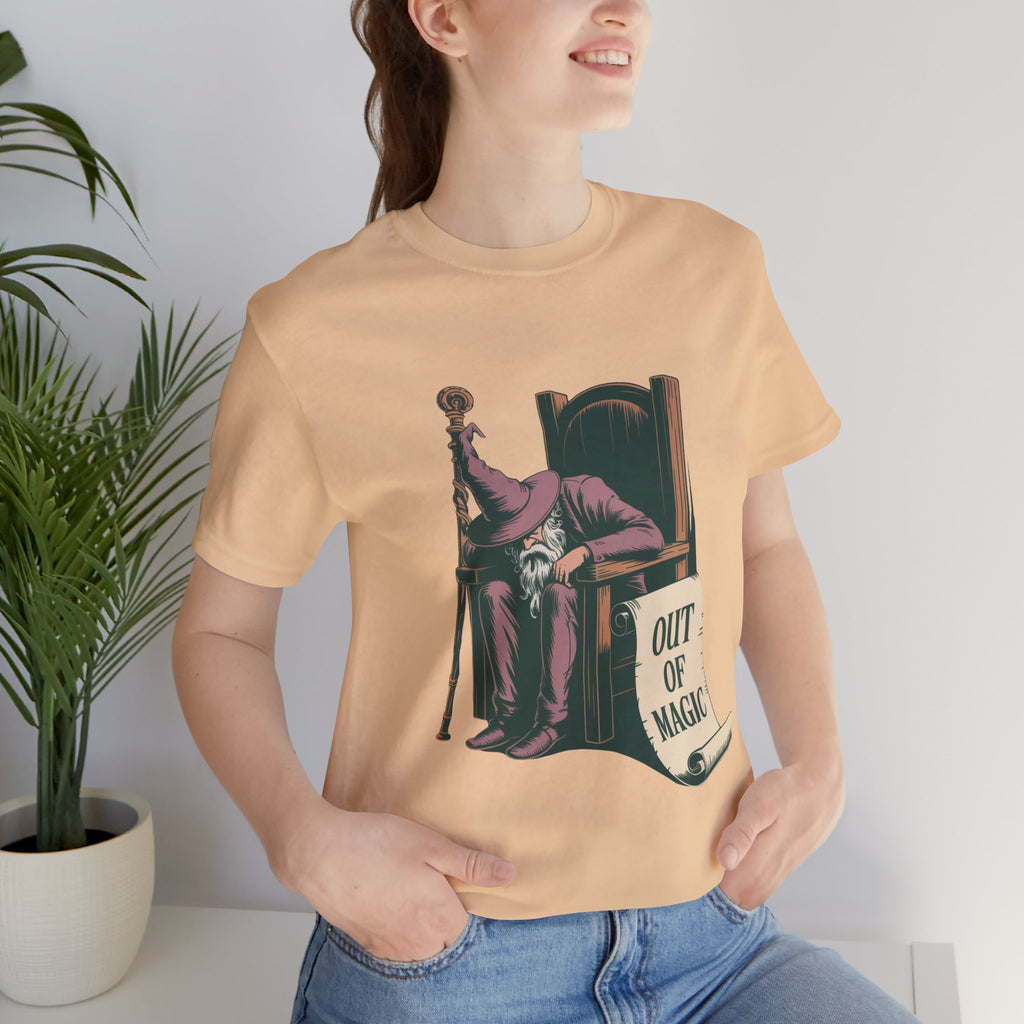 Out of Magic Wizard Tee — Vintage Woodcut Tired Wizard Shirt