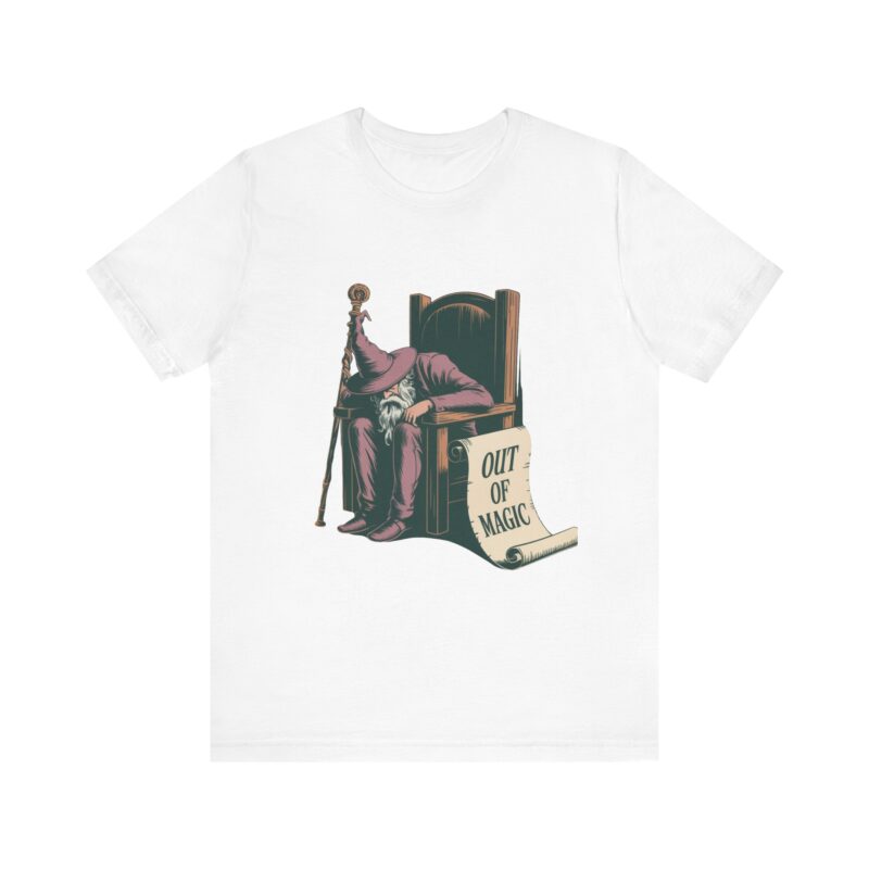 out of magic wizard tee — vintage woodcut tired wizard shirt
